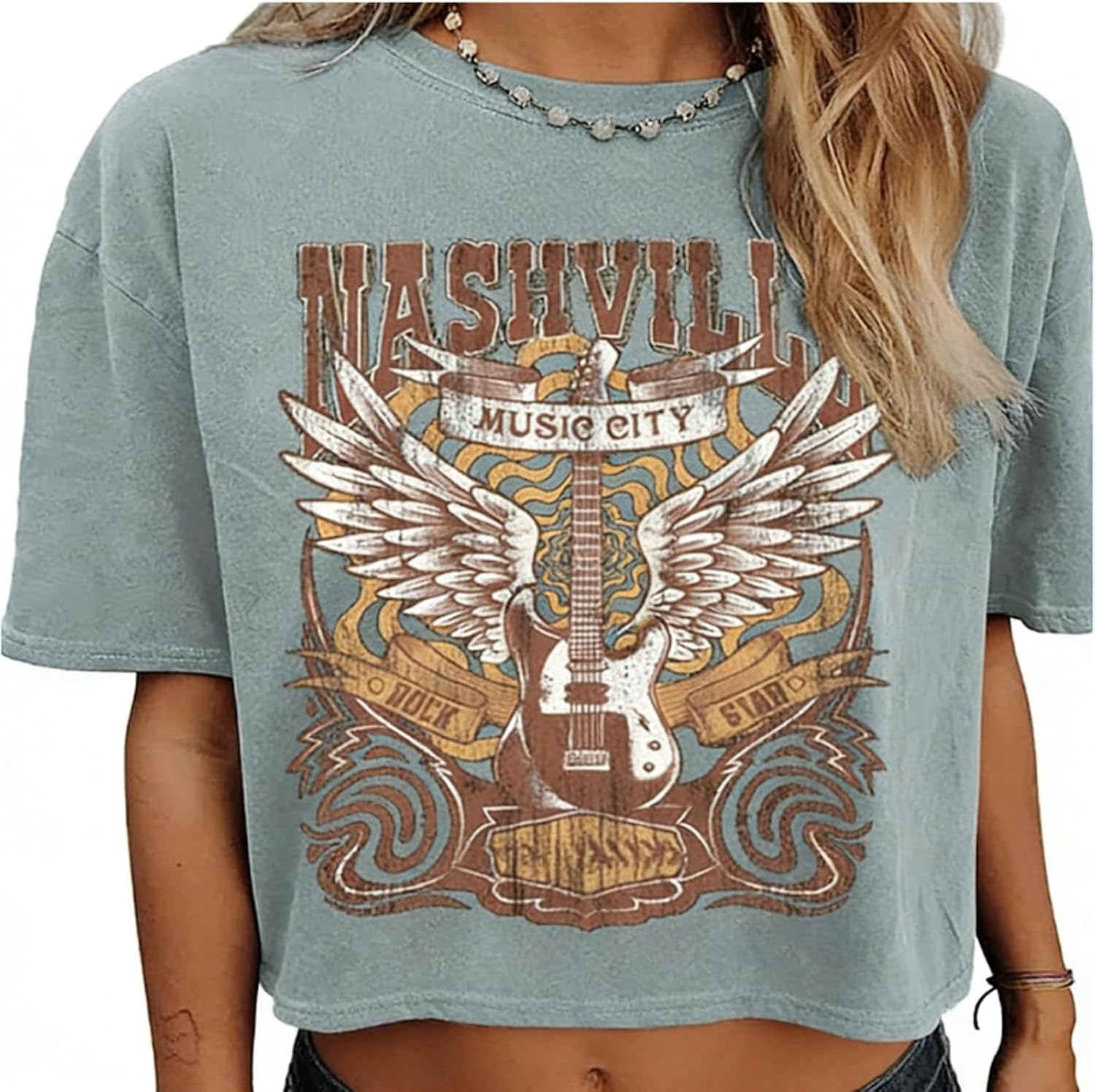 Nashville Music City T-Shirt Women Country Music Crop Tops Rock Band Tshirt Vintage Guitar Wings Graphic Tees
