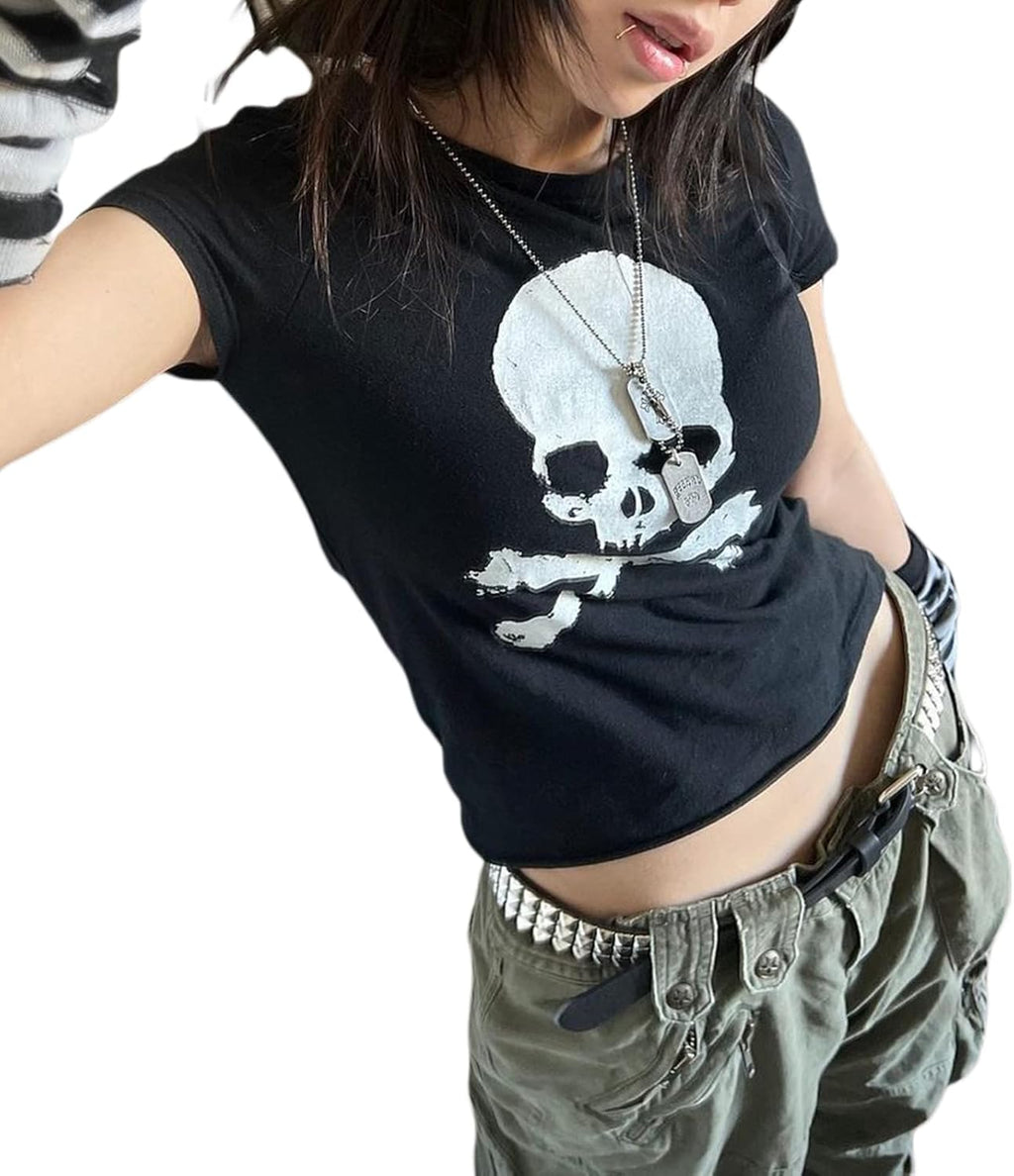 Women Y2K Grunge Short Sleeve T-Shirt Crew Neck Graphic Baby Tee Slim Casual Going Out Top Halloween Gothic Shirt