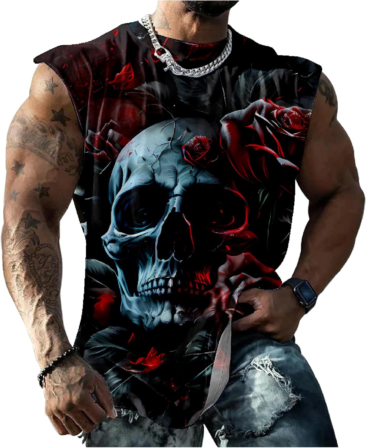 Men's Graphic Tank Tops Novelty Skull 3D Printed Muscle Casual Sleeveless T-Shirt Summer Quick Dry Crew Neck Tees