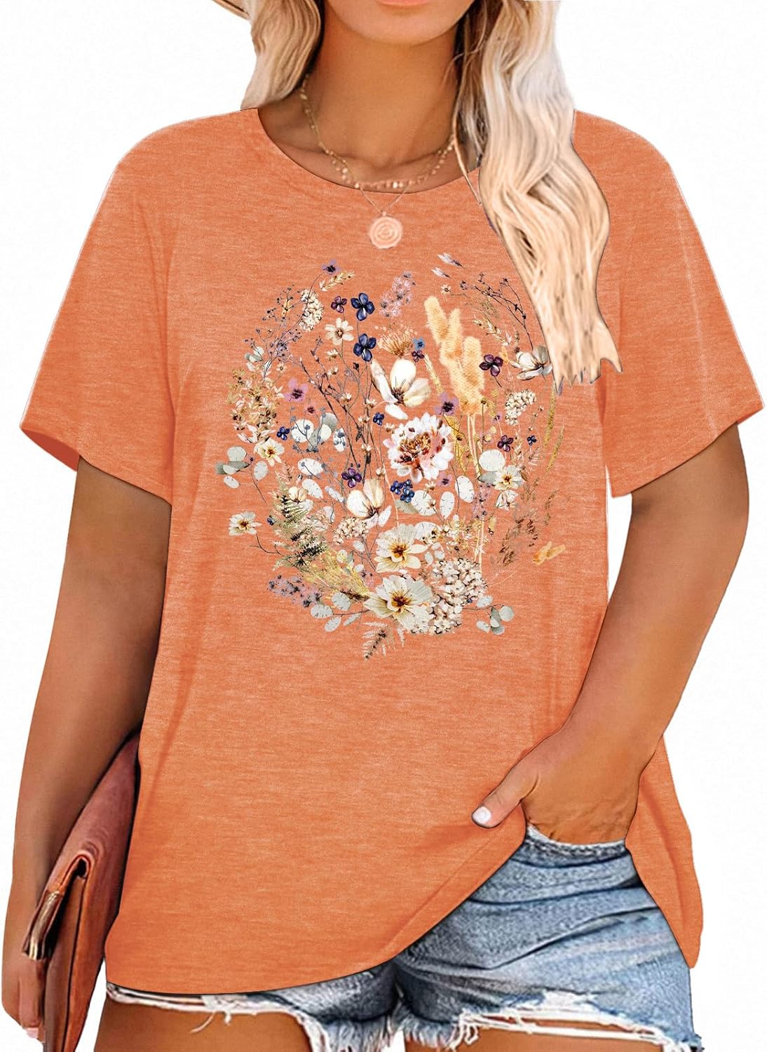 Womens Plus Size Tops Short Sleeve Casual T-Shirt Kindness Flowers Print Pullover Tunic 1X-5X
