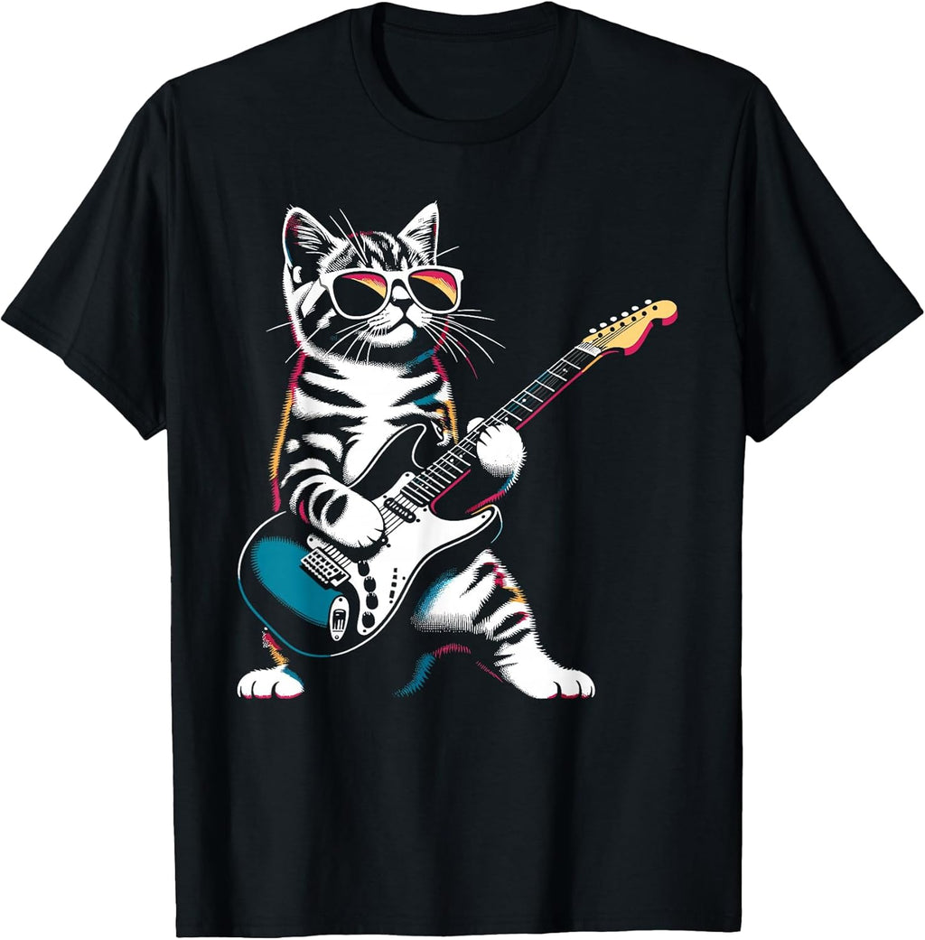 Guitar Cat Novelty Rock Music Band Concert Funny Cat T-Shirt