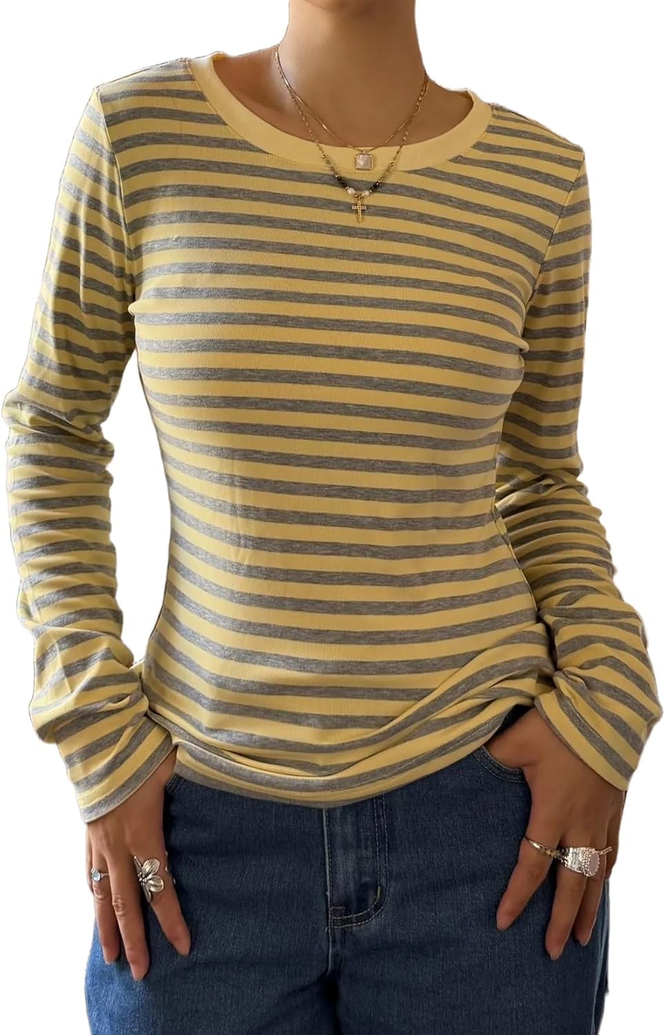 Women Y2k Long Sleeve Striped Tee Vintage Aesthetic Crewneck Slim Fitted T Shirt Casual Fall Going Out Top Streetwear
