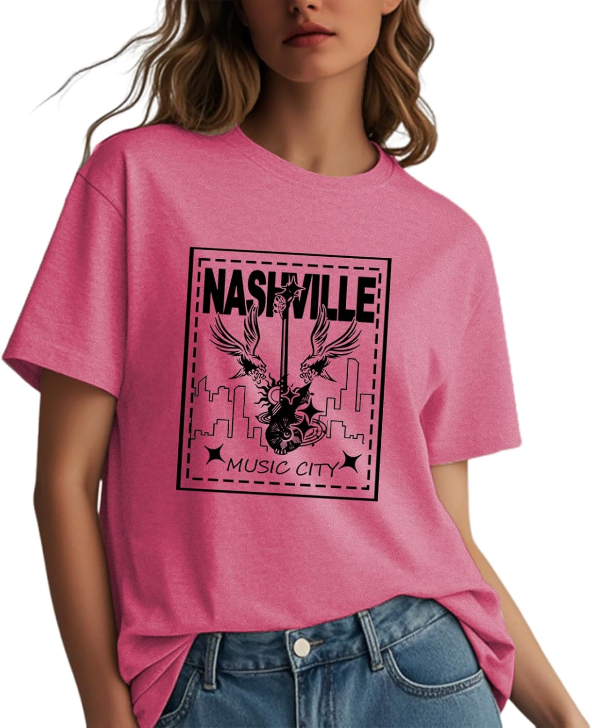 Womens Nashville Country Music Shirts Vintage Rock Band Graphic Tees Summer Short Sleeve Guitar Wings Print T-Shirt Tops
