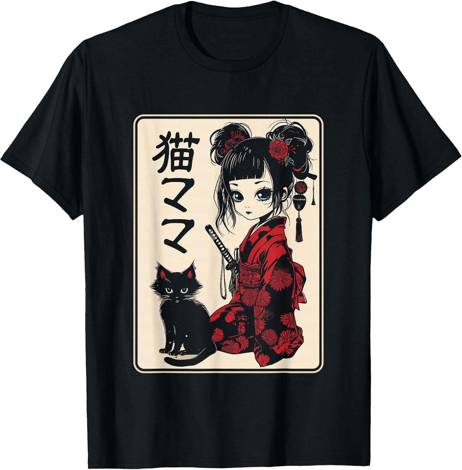 Japanese Gothic Kawaii Anime Samurai Cat Mom Woman Girls T-Shirt