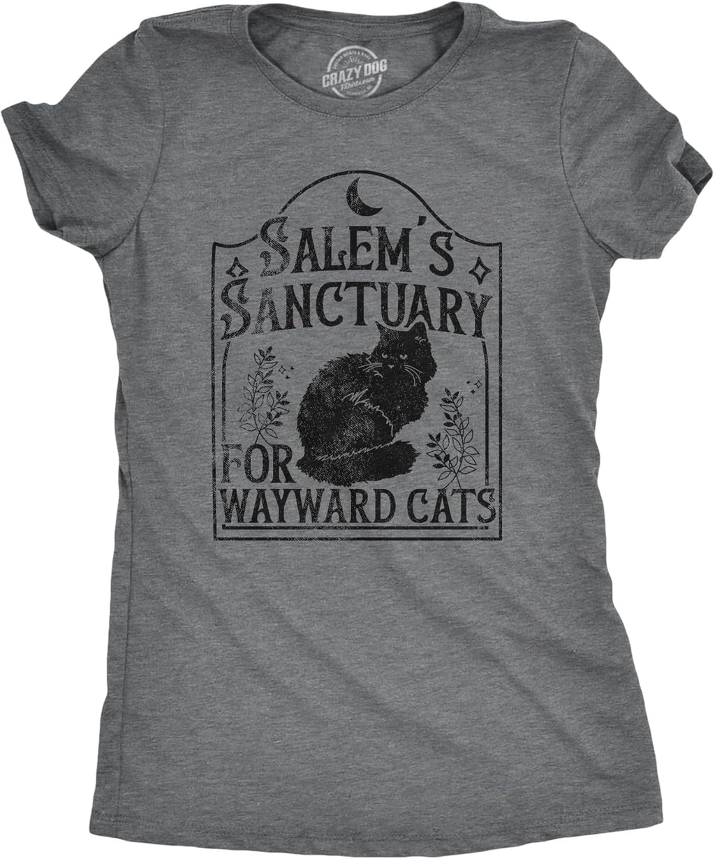Womens Salems Sanctuary for Wayward Cats T Shirt Funny Spooky Halloween Kitten Lovers Tee for Ladies