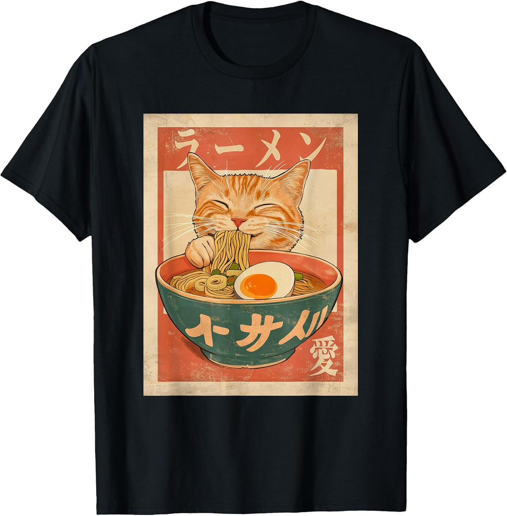 Cat Ramen Funny Vintage Graphic Tee Kawaii Japanese Anime T-Shirt
