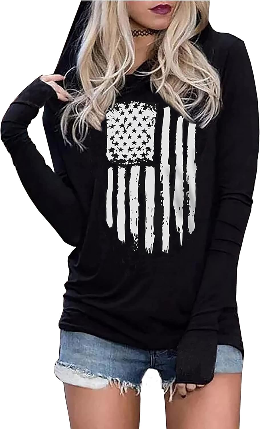 American Flag Fashion Hoodie for Women USA Flag Graphic T-Shirt 4th of July Patriotic Long Sleeve Hoodie Pullover Tops