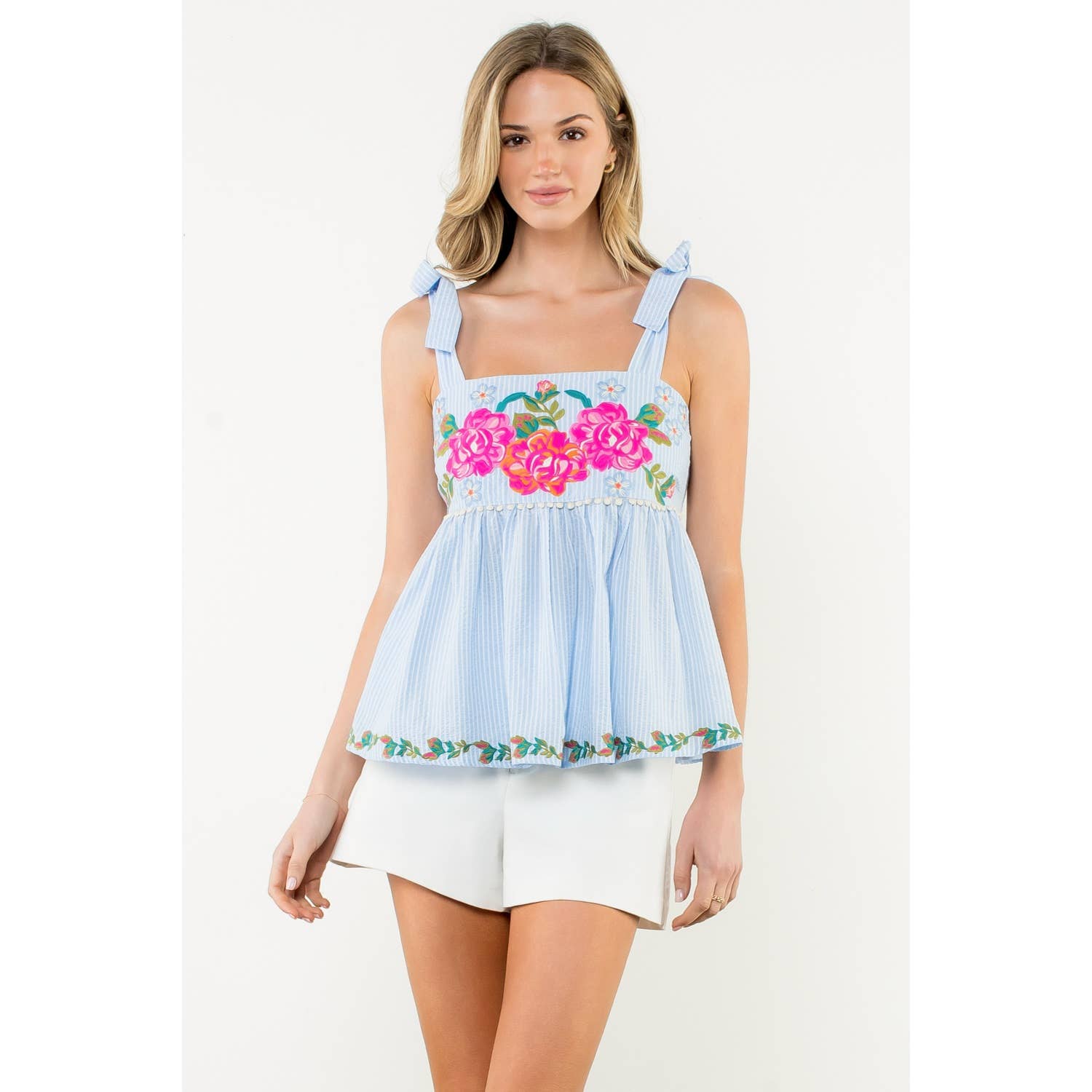 Tie Strap Embroidered Striped Top