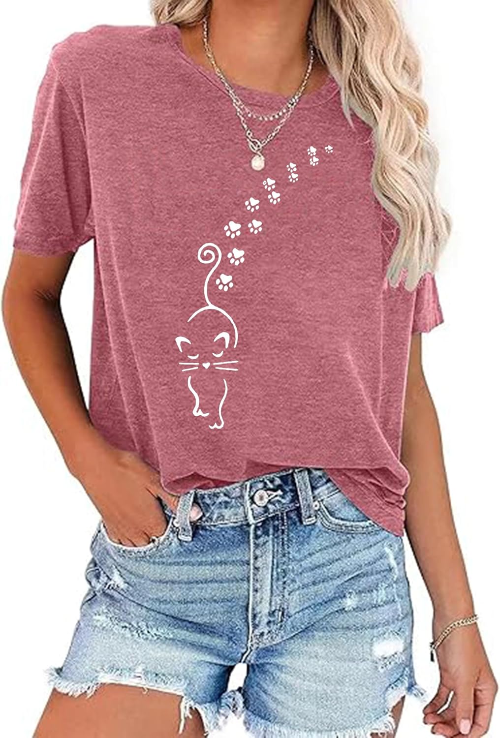 Cute Cat Shirt for Women Cat Mom Heartbeat Paw Print T-Shirt Short Sleeve Casual Tee Top