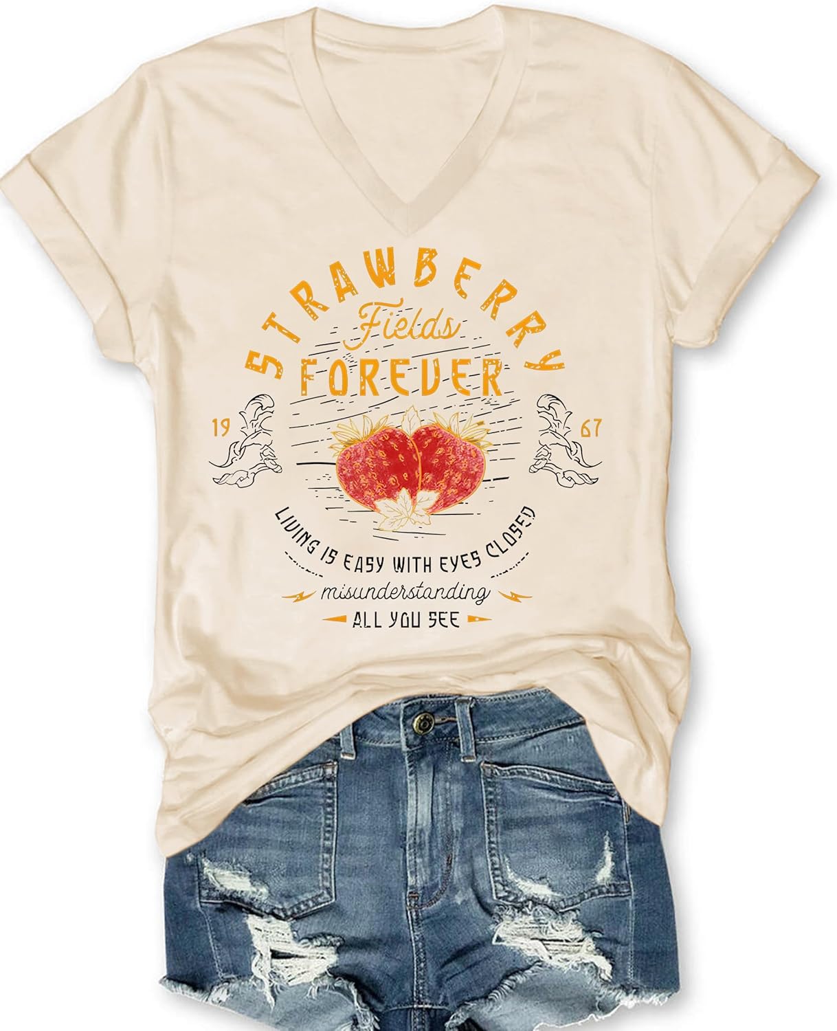 Rock Band T Shirt for Women Rock and Roll Shirt Vintage Strawberry Country Concert Outfit V Neck Short Sleeve Graphic Tees