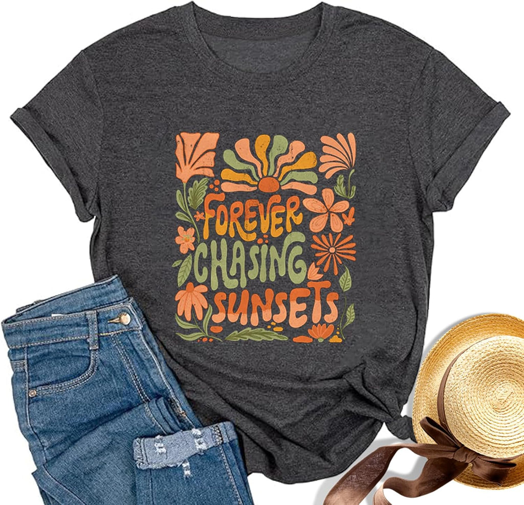 Vintage Letter Print Shirts for Women Forever Chasing Sunsets Shirt Summer Beach Vacation T-Shirt Flower Casual Tops