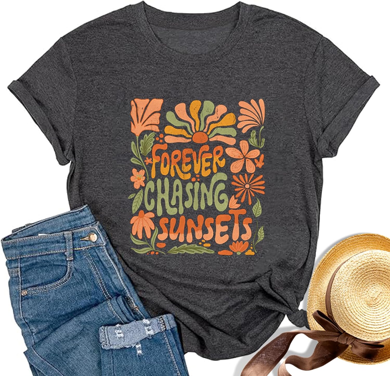 Vintage Letter Print Shirts for Women Forever Chasing Sunsets Shirt Summer Beach Vacation T-Shirt Flower Casual Tops
