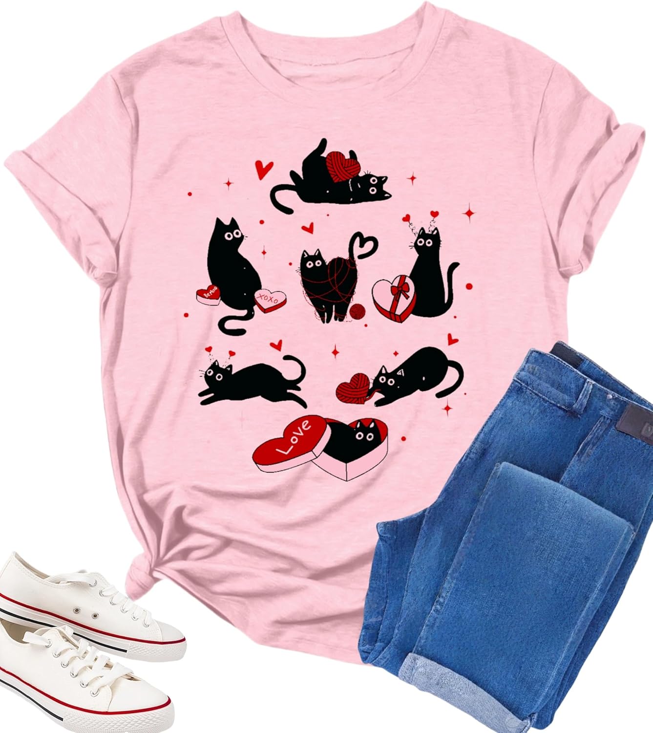 Valentines Shirts for Women Valentine Black Cat Tshirts Love Heart Lover Girlfriend Tee Tops Valentine Gifts Clothes
