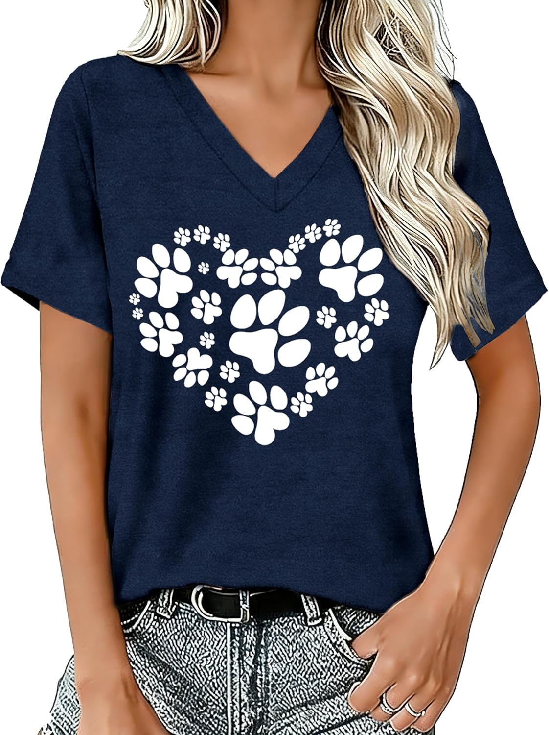 Dog mom Shirt Dog Lover V-Neck T-Shirt Heart Paw Tee Tops