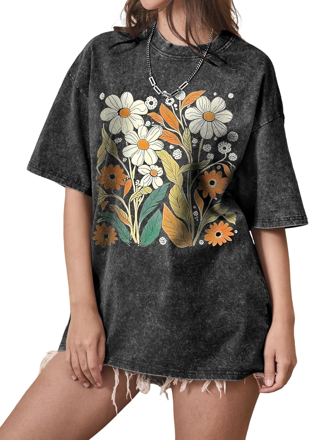 Oversized Graphic T Shirts for Women – Vintage Acid Wash Short Sleeve Tee with Flower Print, Casual Summer Loose Shirt