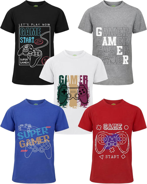 5 Pack Boys Shirts Cotton Youth Graphic T-Shirts Kids Crewneck Summer Tops Shirts for Boys with Print Tee Clothes