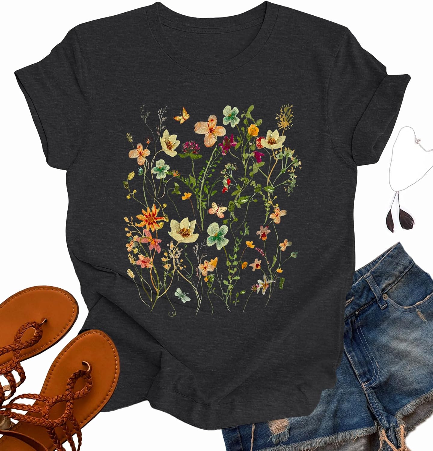 Womens Boho Shirts Vintage Floral Tshirt Cottagecore Wildflowers Graphic Tees Bohemian Short Sleeve Tops