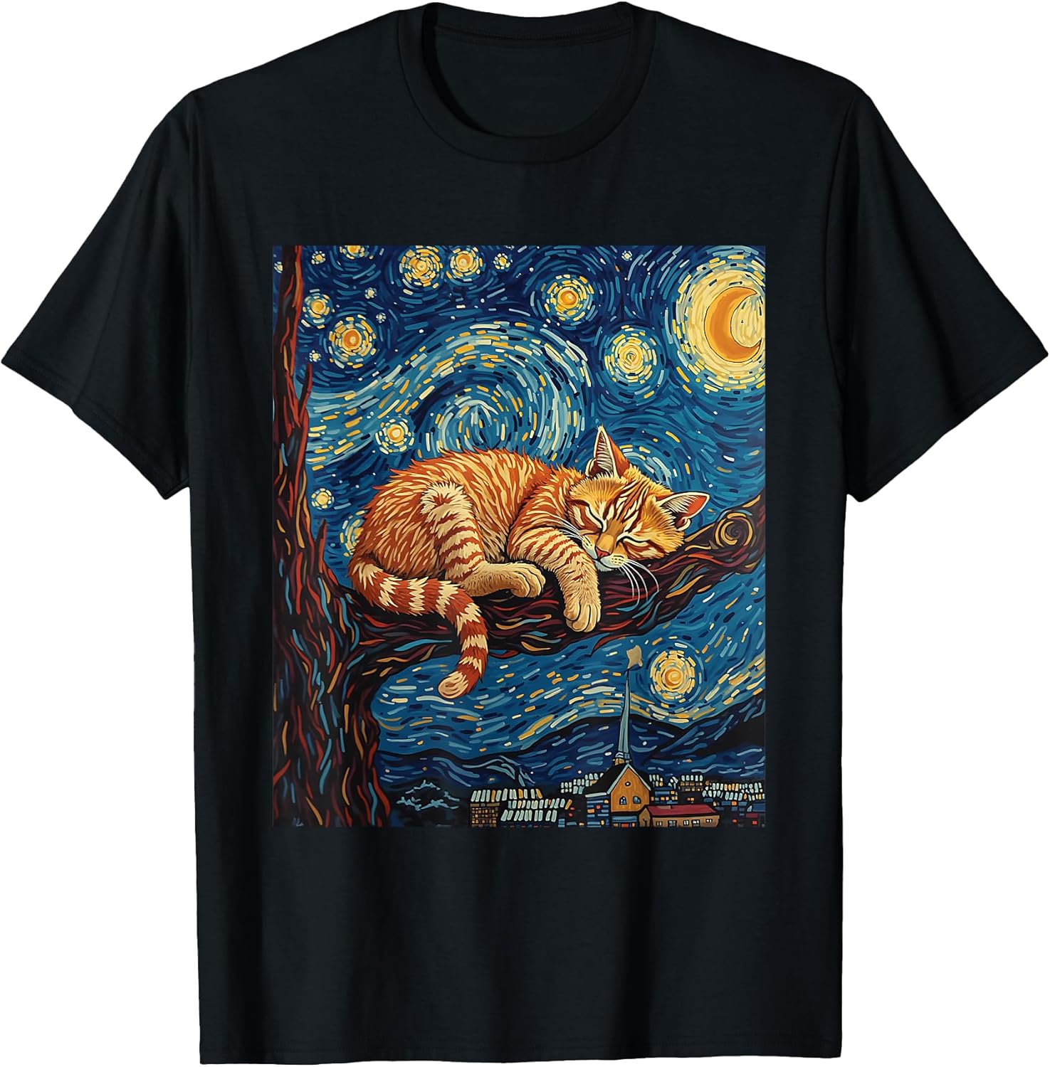 Charming Ginger Cat Van Gogh Starry Night Graphic Pet Lovers T-Shirt