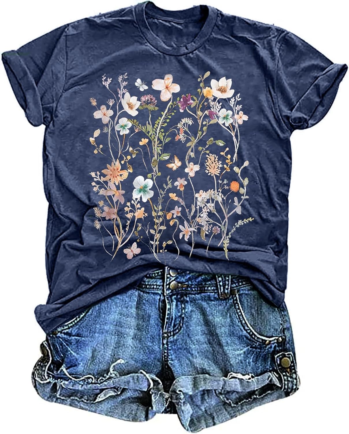 Women's Vintage T-Shirts Boho Flowers Wildflowers Graphic Tees Shirts Cute Floral Casual Summer Tops Short Sleeve T Shirt