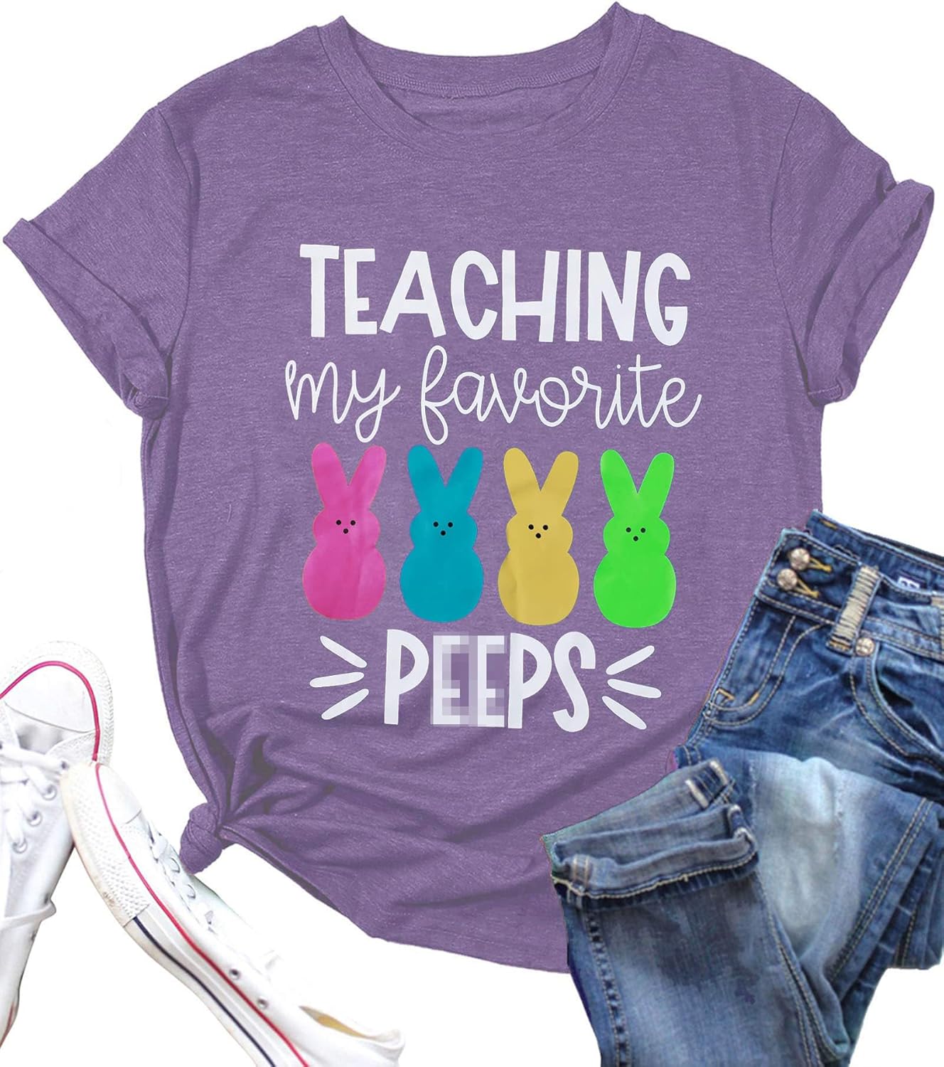 Teaching My Favorite Peep Shirt for Women Easter Teacher T-Shirt Funny Bunny Graphic Tee Top