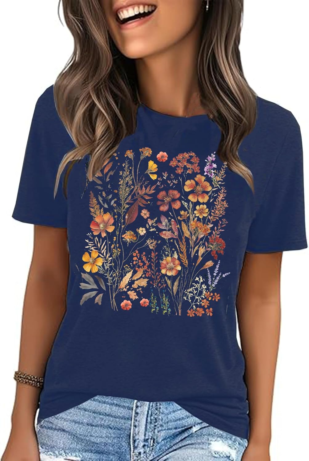 Women's Vintage Flowers Tshirts Floral Graphic Tees Wildflowers Shirts Summer Vacation Casual Short Sleeve Tops