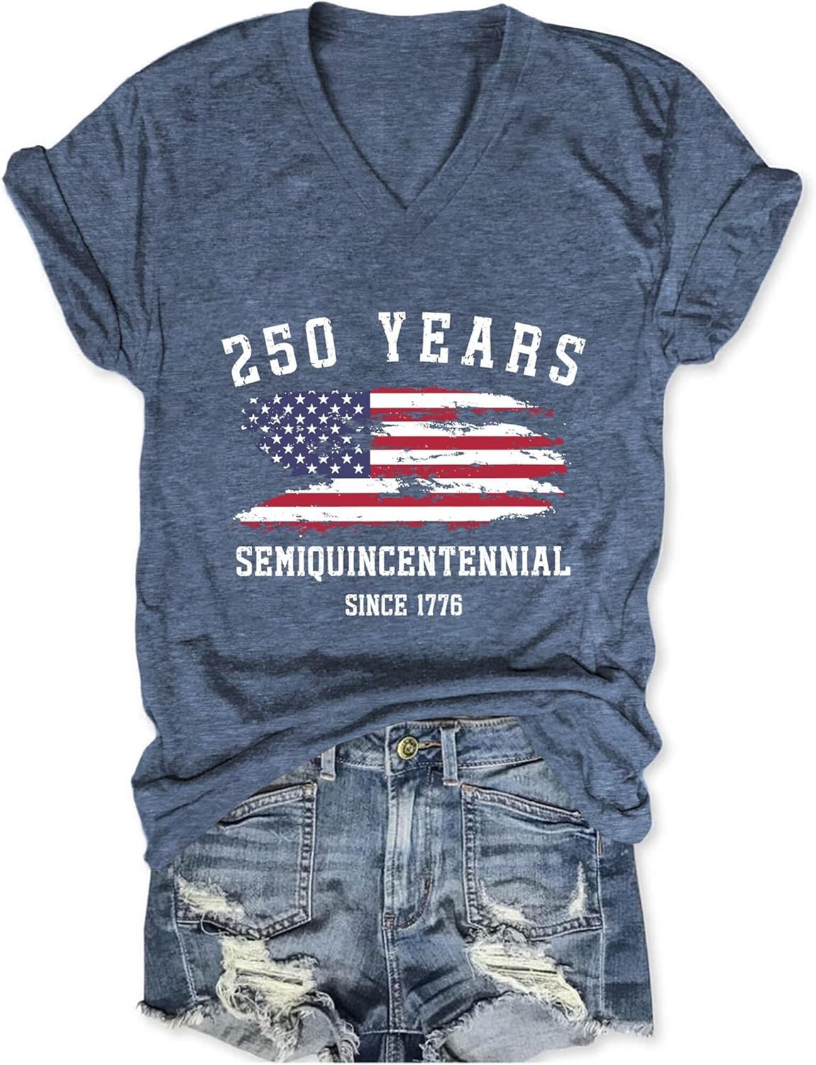 250th Anniversary USA Shirt for Women 1776-2026 Patriotic American Flag V Neck T-Shirt July 4th Graphic Tee