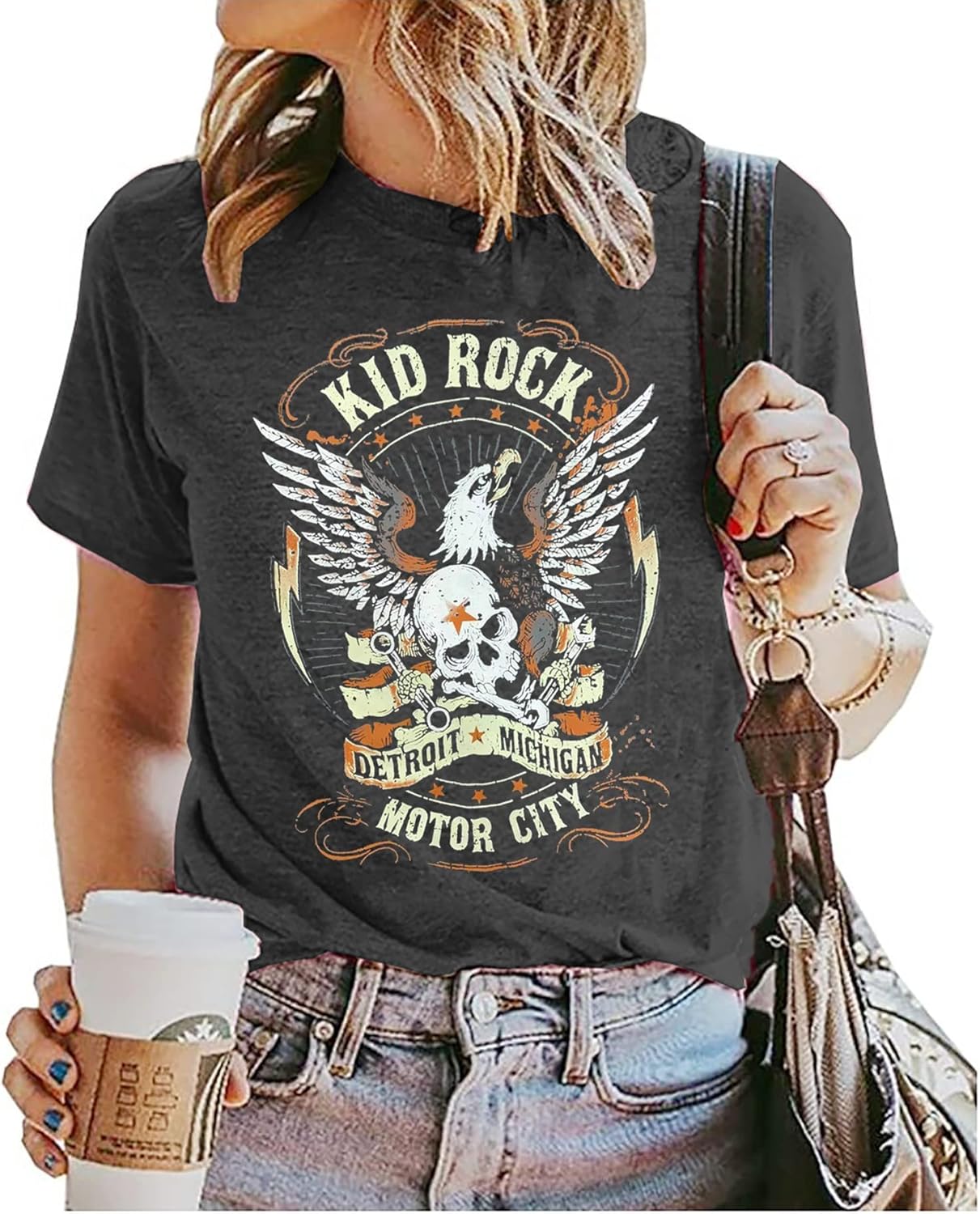 Vintage Rock Skeleton Eagle T Shirts for Women Casual Country Music Tshirts Funny Summer Rock Band Concert Shirt Top