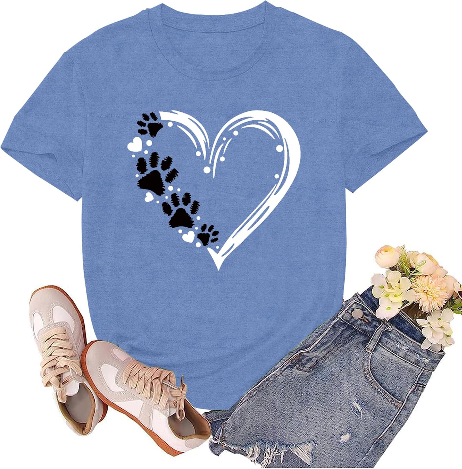 Dog Mom Shirts for Women Dog Lover Tshirts Cute Paw Love Heart Print Tee Tops
