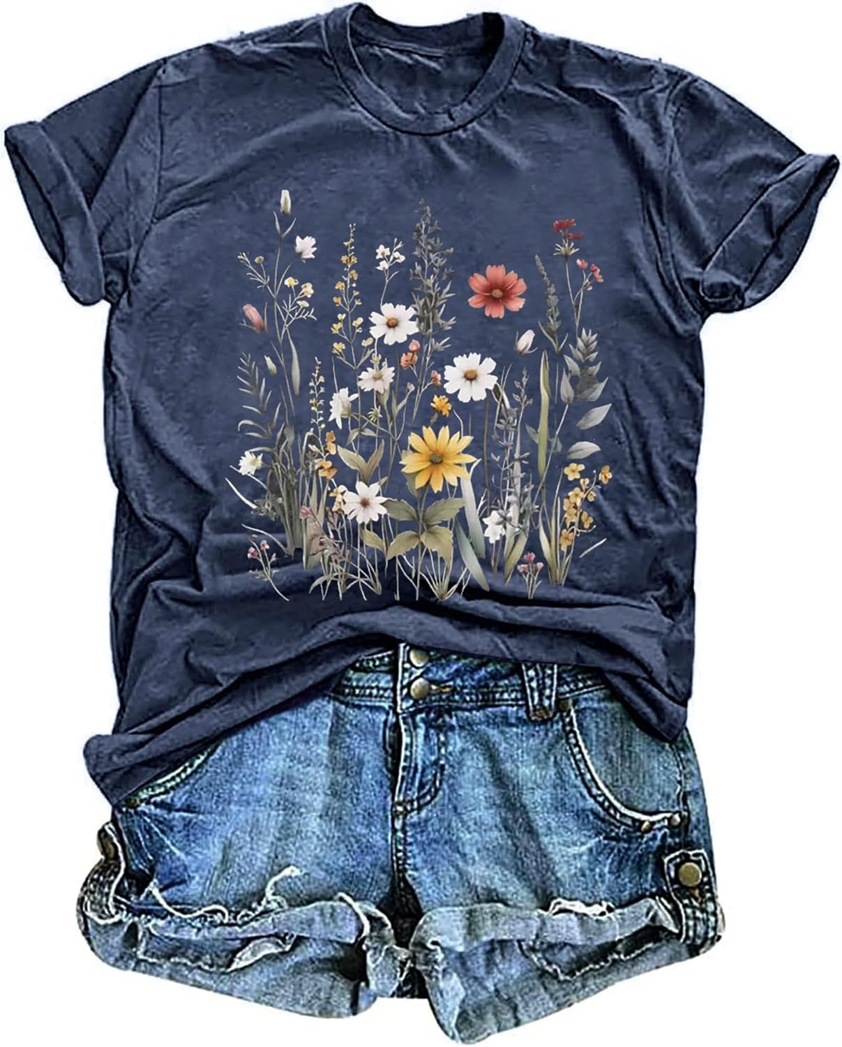 Women's T-Shirts Vintage Boho Sun Flowers Graphic Tees Cute Wildflowers Shirts Casual Summer Short Sleeve Tops