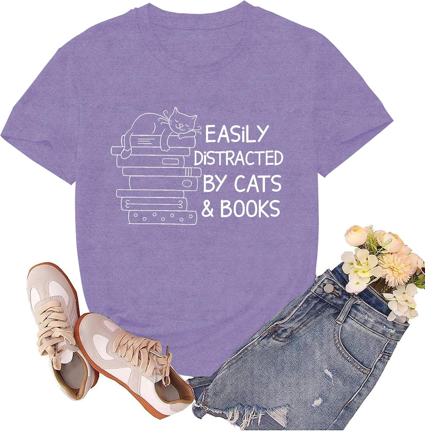 Book Lover Shirts for Women Cat Lover Tshirts Easily Distracted by Cats and Books Tee Tops