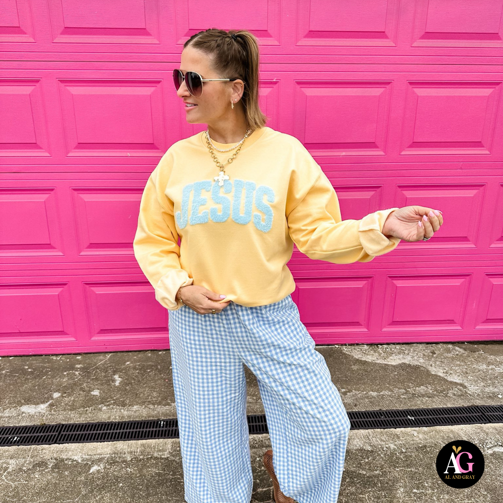 Jesus Crewneck Sweatshirt, Yellow Haze with Blue Patch