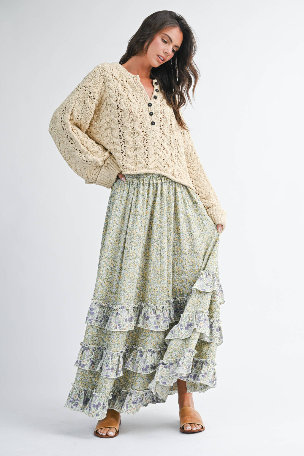 7150HK Floral Ruffle Maxi Skirt