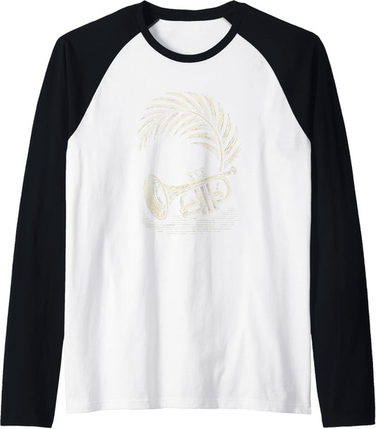 Woodcut Trumpet Palm Raglan Baseball Tee