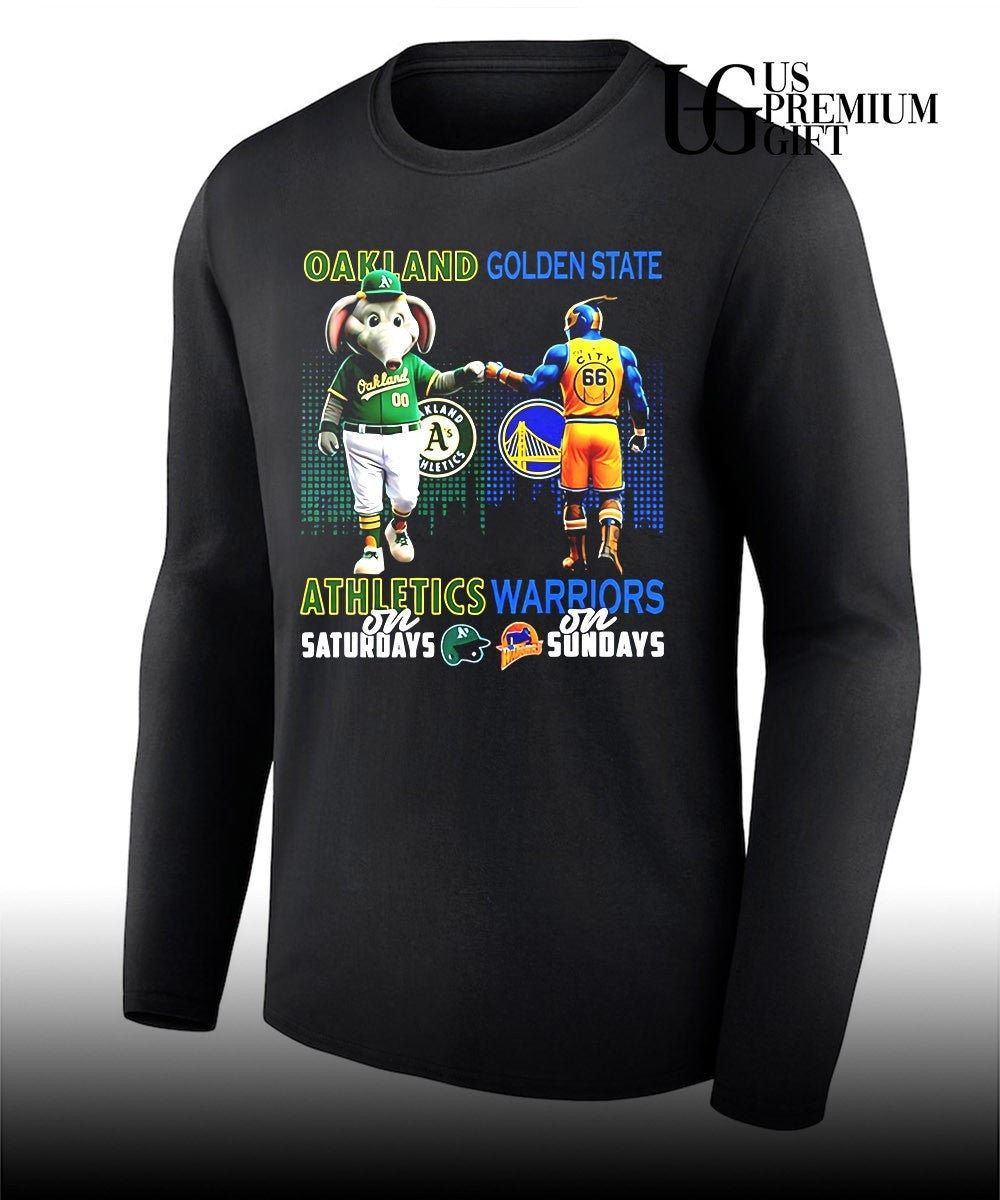 Athletics on Saturdays fist bump Golden State Warriors on Sundays city skyline 2026 mascot shirt