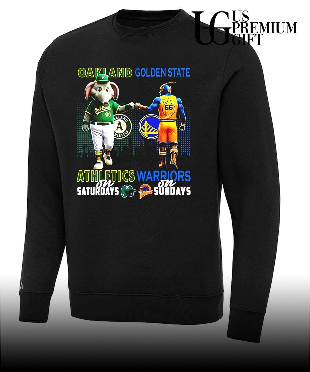 Athletics on Saturdays fist bump Golden State Warriors on Sundays city skyline 2026 mascot shirt