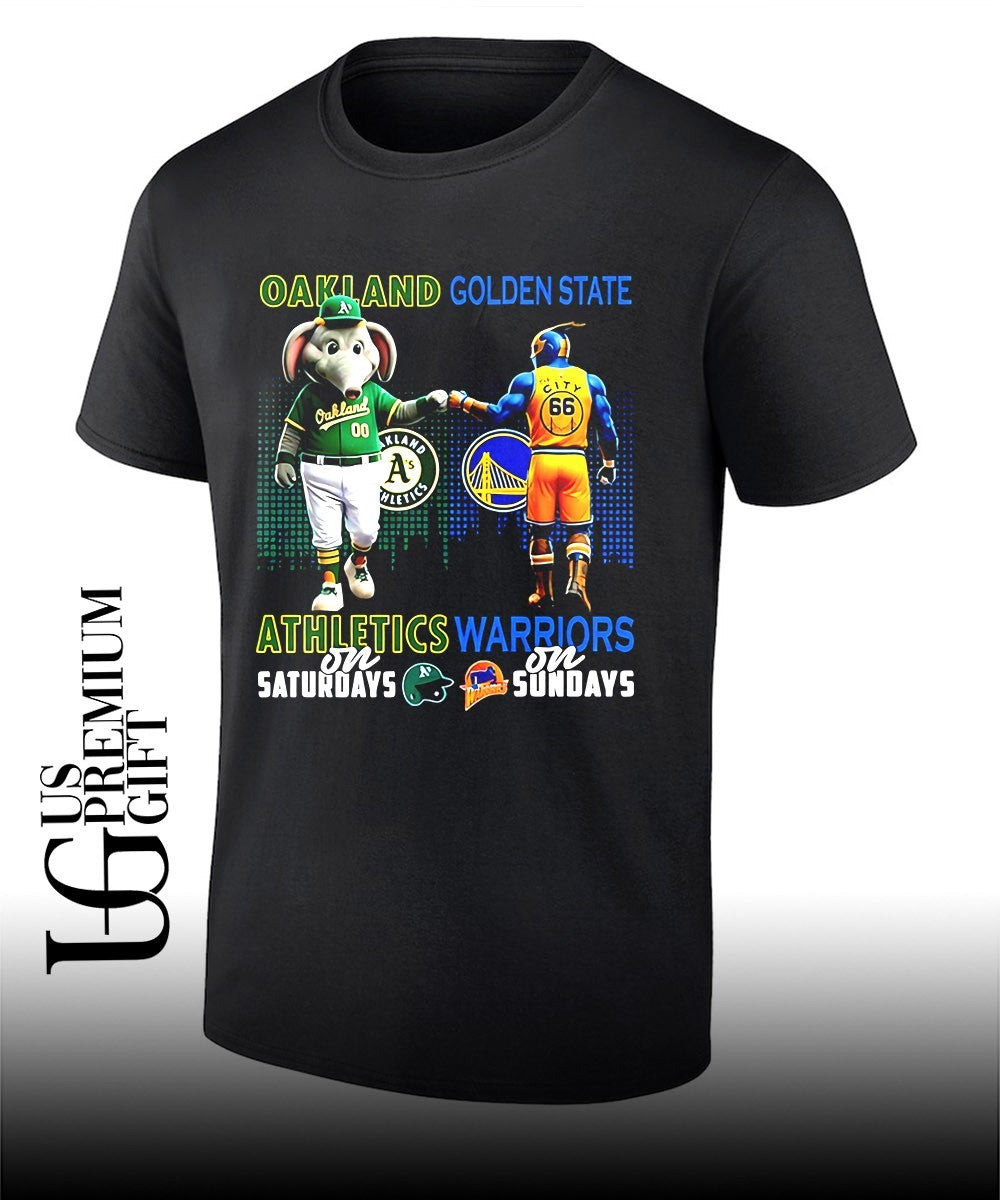 Athletics on Saturdays fist bump Golden State Warriors on Sundays city skyline 2026 mascot shirt