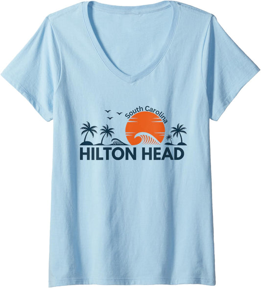 Womens Retro Hilton Head South Carolina Summer Palm Souvenir V-Neck
