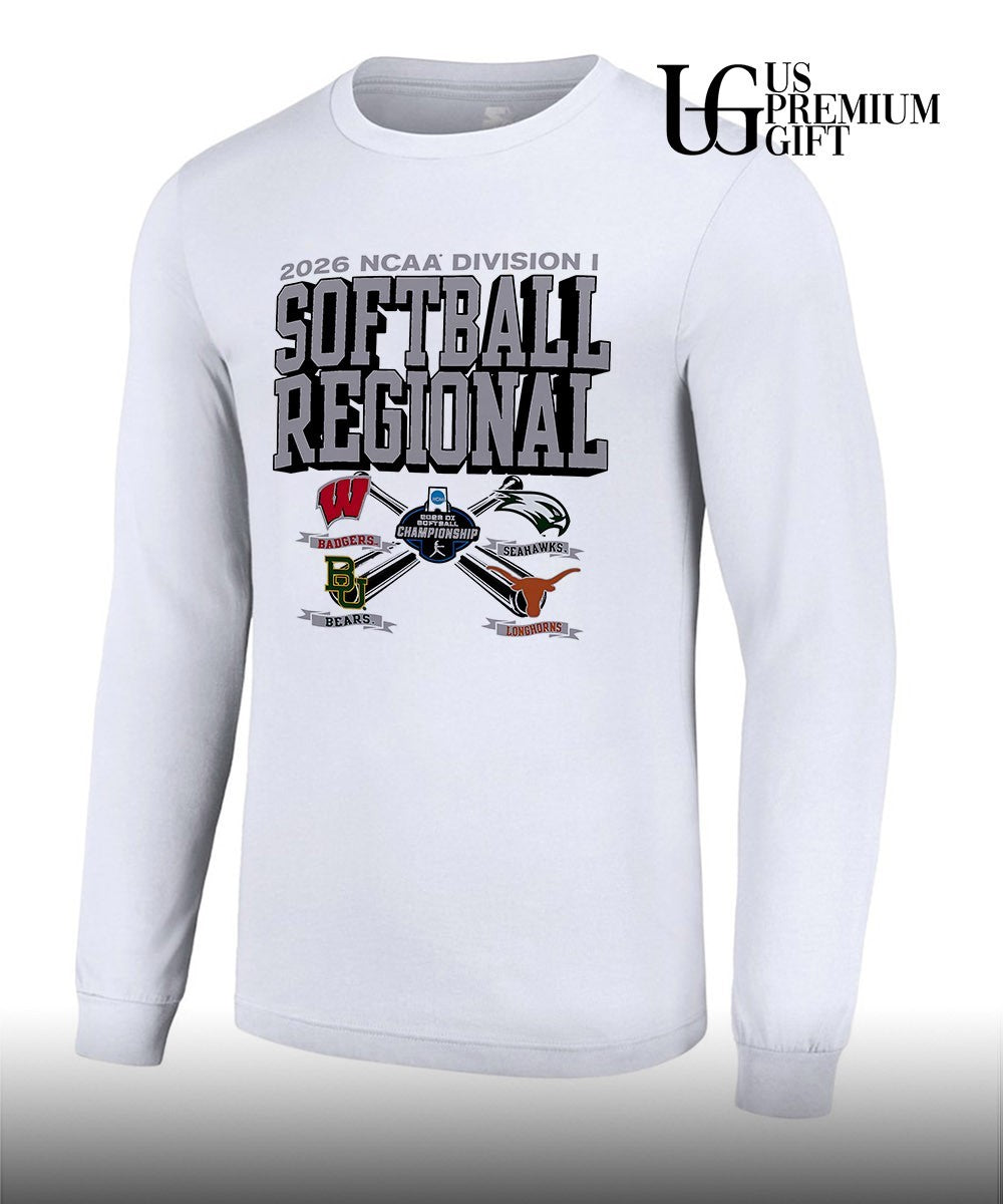 Badgers Wisconsin and Bears Baylor and UNC Wilmington Seahawks and Longhorns Texas 2026 NCAA Division I Softball Regional logo shirt