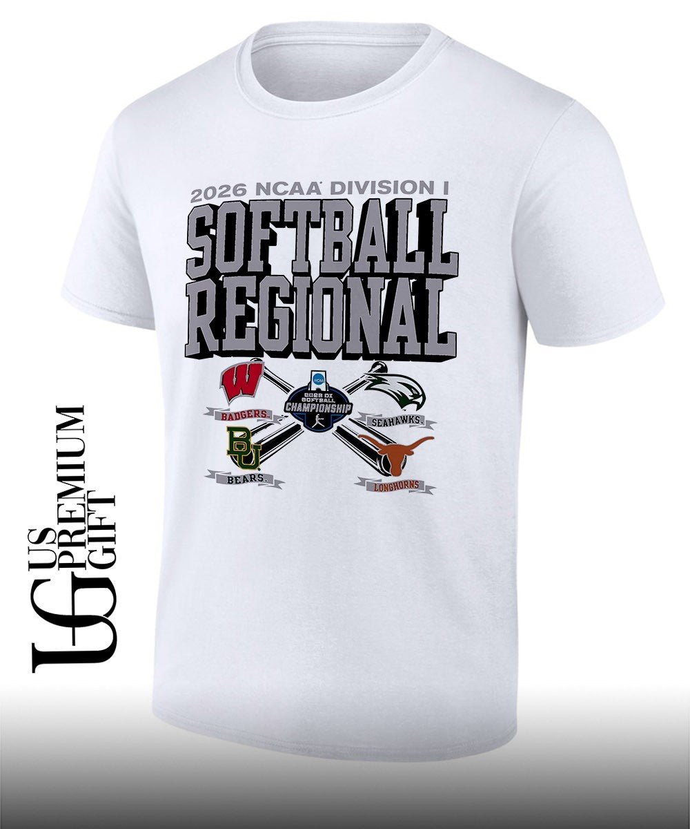 Badgers Wisconsin and Bears Baylor and UNC Wilmington Seahawks and Longhorns Texas 2026 NCAA Division I Softball Regional logo shirt