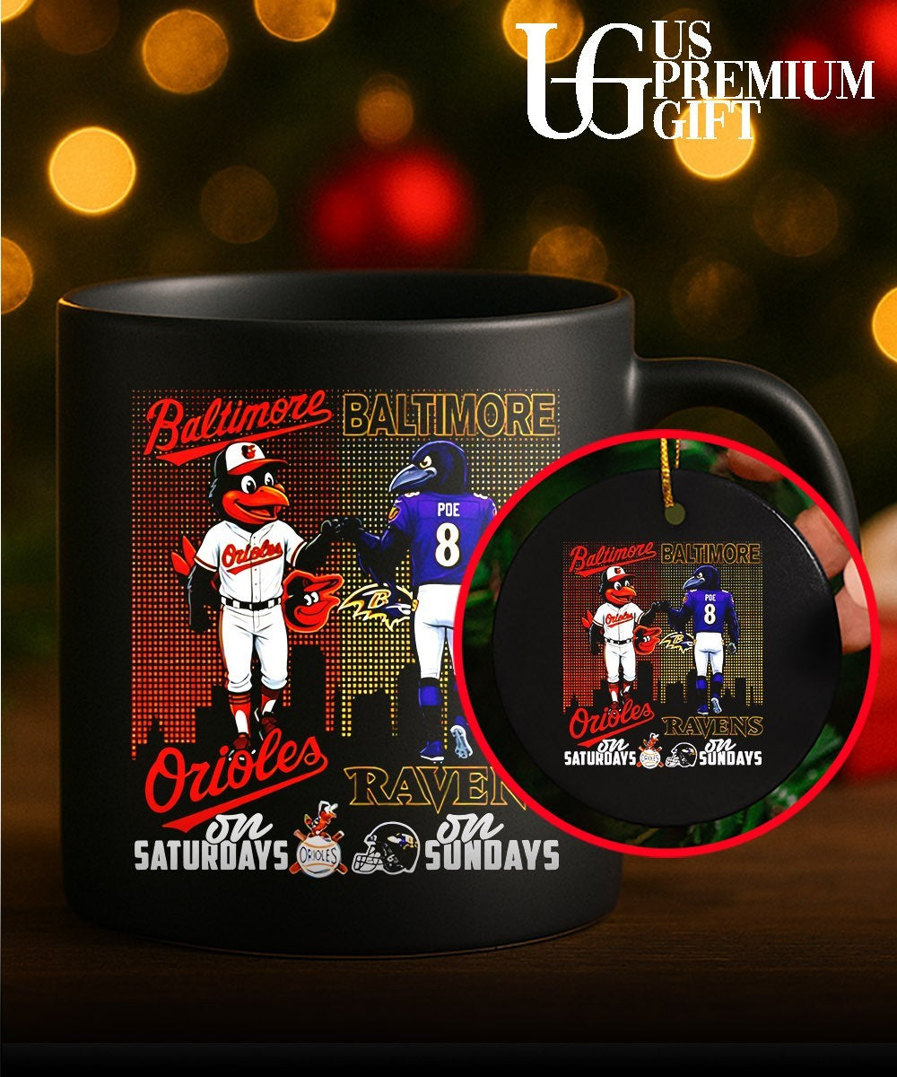 Baltimore Orioles on Saturdays fist bump Baltimore Ravens on Sundays city skyline 2026 mascot shirt