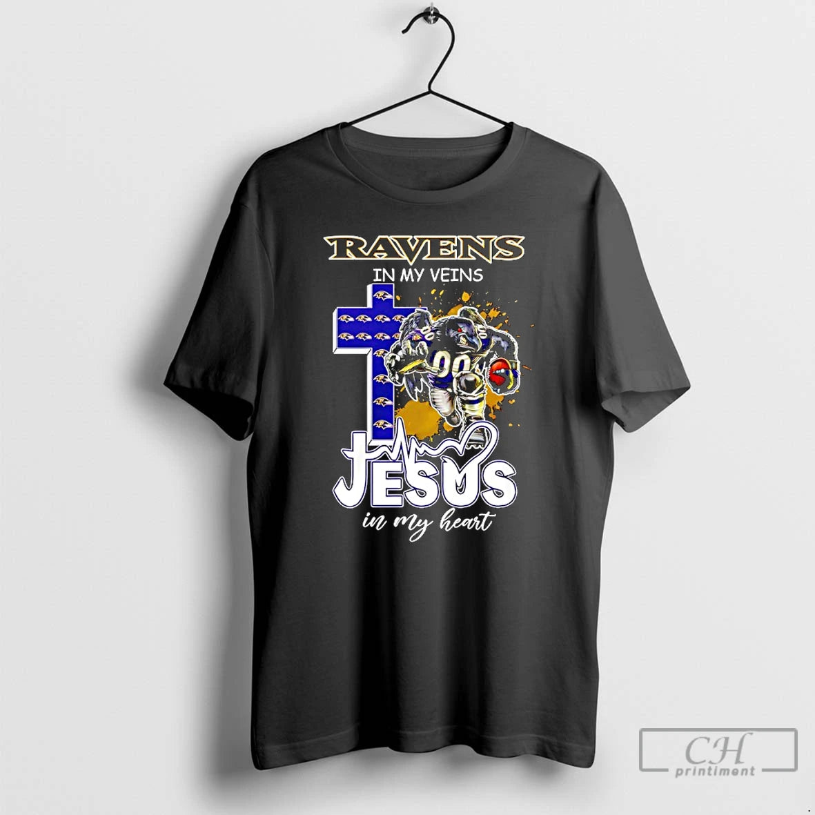 Classic Baltimore Ravens Mascot In My Veins Jesus In My Heart T-Shirts, Hoodie, Sweatshirt | PopFlextees.com