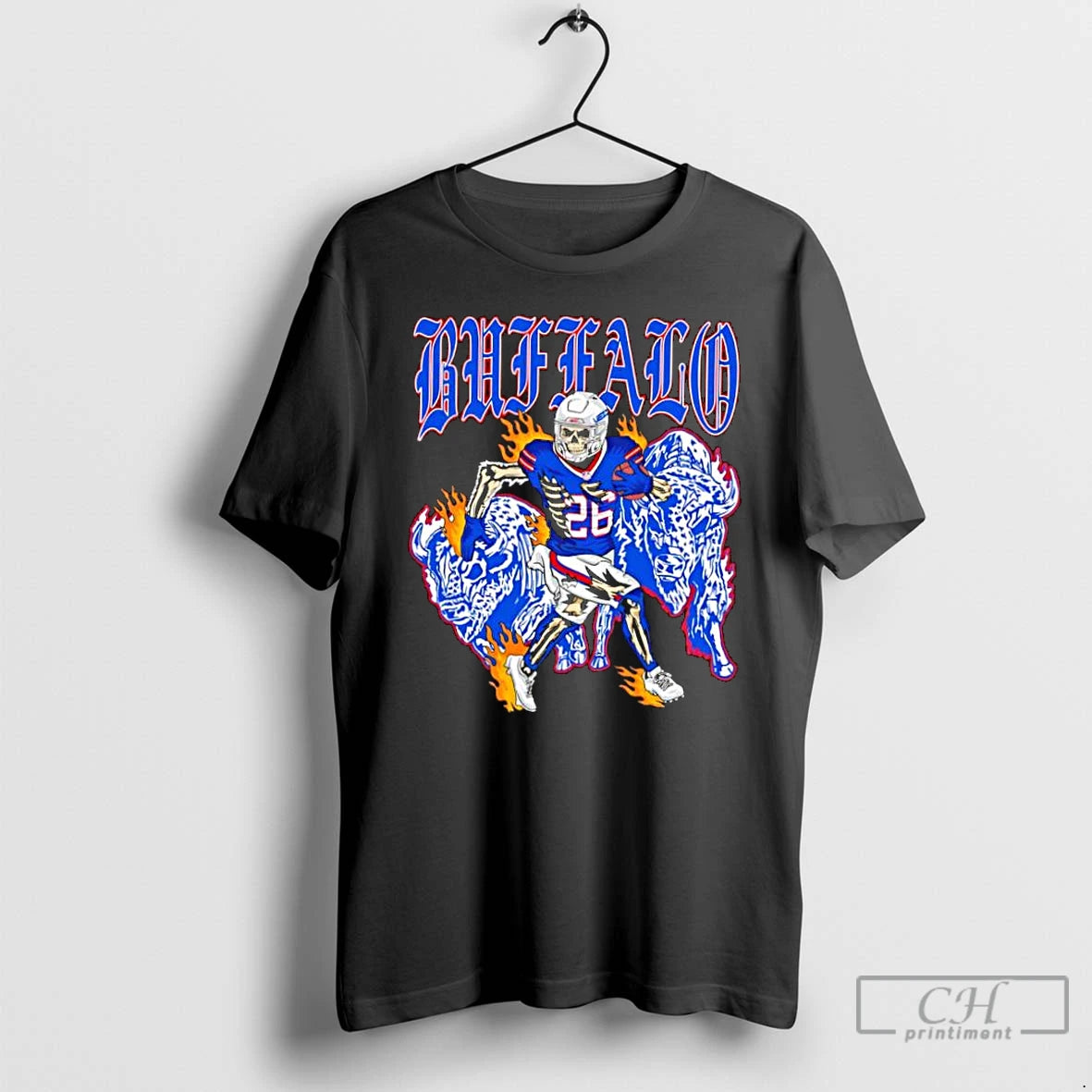 Classic Buffalo Gothic Text Skeleton Football Player 26 Running Between Blue Bison On Fire T-Shirts, Hoodie, Sweatshirt