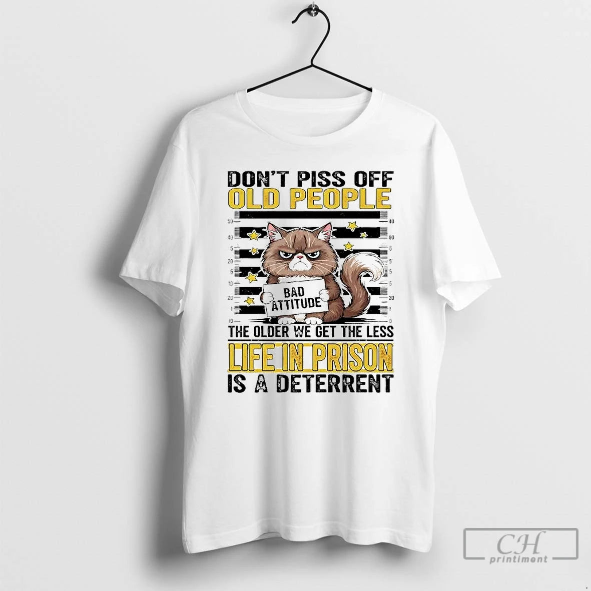 Classic Cat Mugshot Dont Piss Off Old People Older We Get Less Life In Prison T-Shirts, Hoodie, Sweatshirt | PopFlextees.com