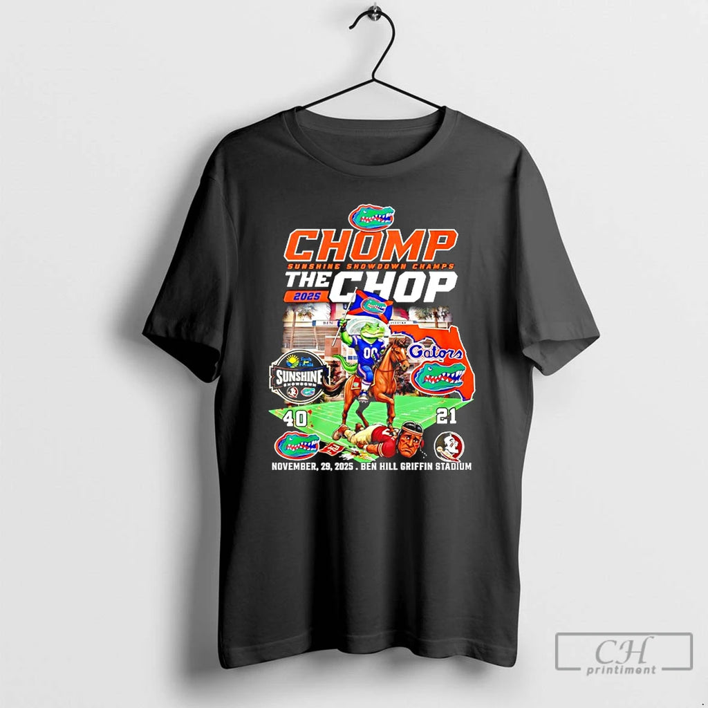 Classic Florida Gator 2025 Chomp Sunshine Showdown Champs The Chop 40 21 Score Mascot T-Shirts, Hoodie, Sweatshirt