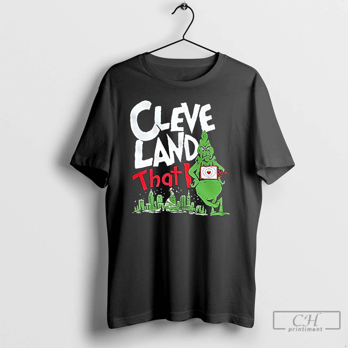 Classic Grinch Hes A Mean One Cleveland Skyline Christmas T-Shirts, Hoodie, Sweatshirt | PopFlextees.com