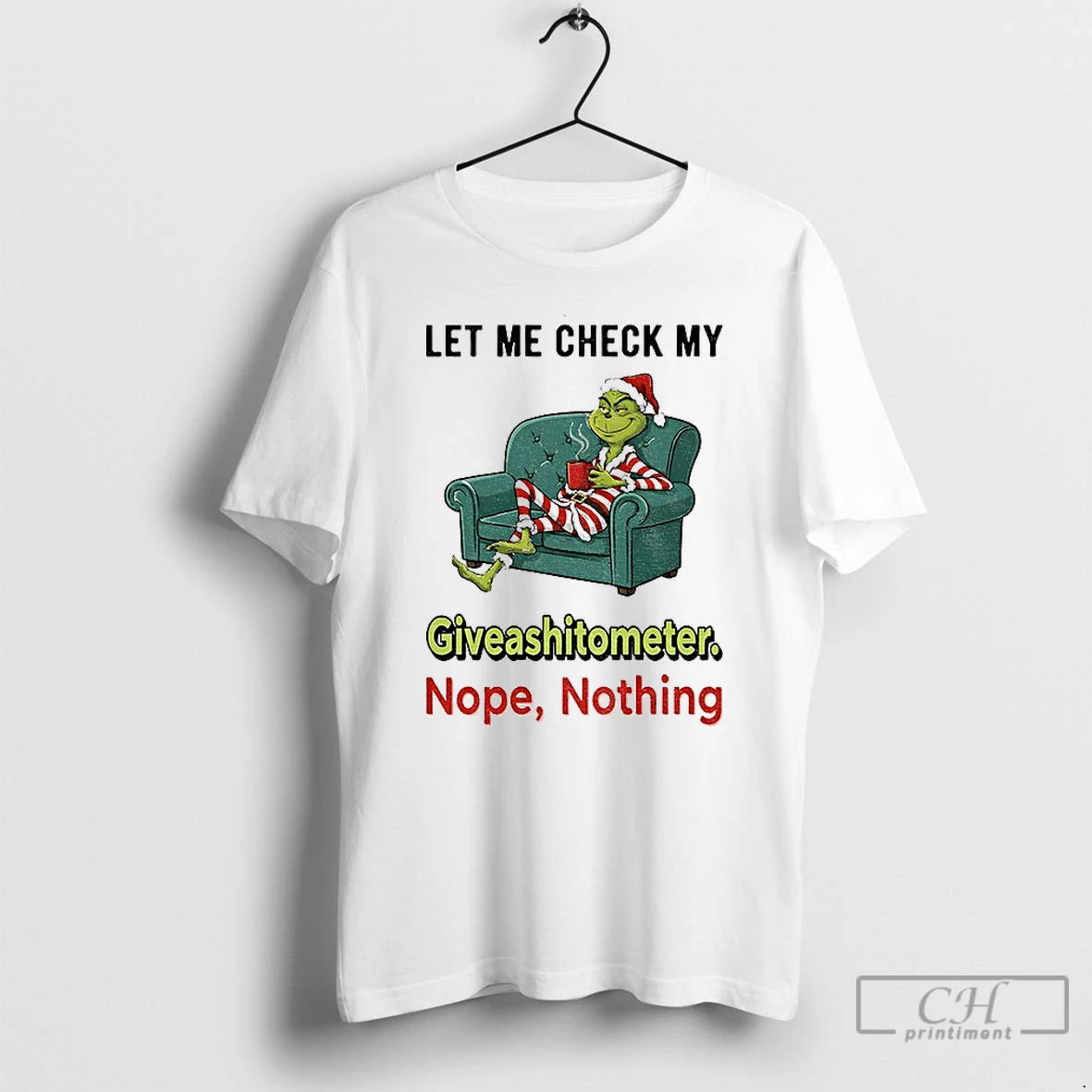 Classic Grinch Santa Let Me Check My Giveashittometer Nope Nothing Christmas T-Shirts, Hoodie, Sweatshirt | PopFlextees.com