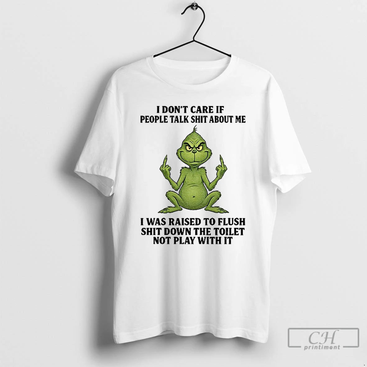Classic Grinch Santa Middle Finger I Dont Care If People Talk Shit About Me T-Shirts, Hoodie, Sweatshirt | PopFlextees.com