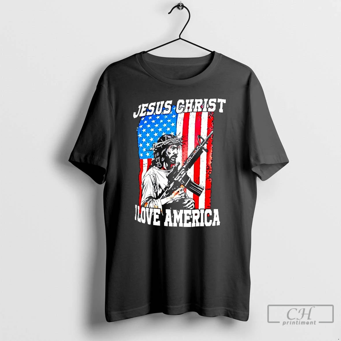 Classic Jesus Christ I Love America Rifle American Flag Graphic T-Shirts, Hoodie, Sweatshirt | PopFlextees.com