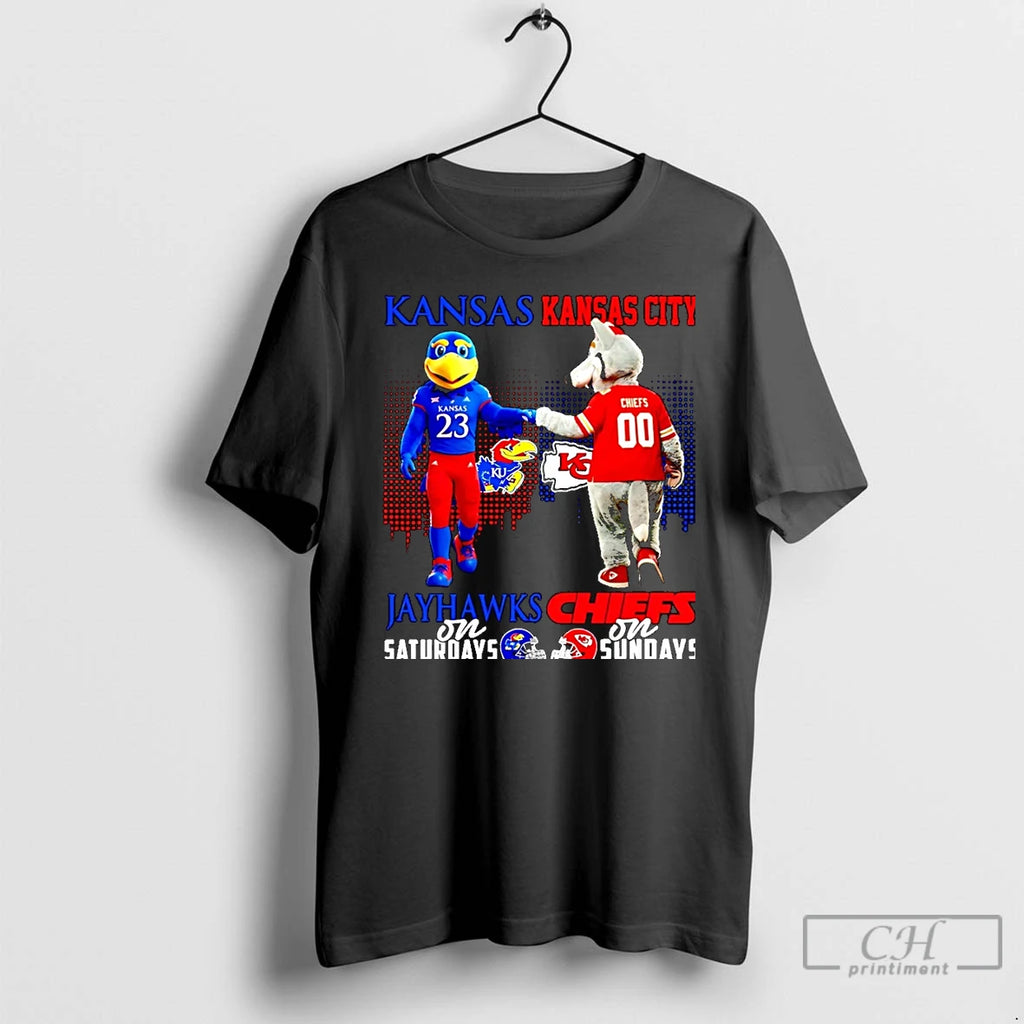 Classic Kansas Jayhawks On Saturdays Vs Kansas City Chiefs On Sundays Mascot Skyline Christmas T-Shirts, Hoodie, Sweatshirt