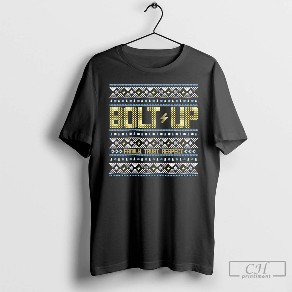 Classic Los Angeles Chargers Bolt Up Family Trust Respect Ugly Christmas T-Shirts, Hoodie, Sweatshirt | PopFlextees.com